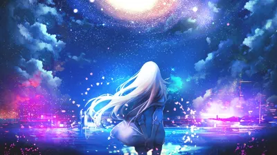 Download Anime art, Petals, Young woman, Sky, Stars, Art Wallpaper in  1366x768 Resolution