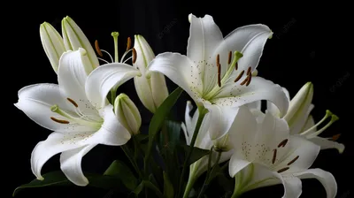 красивые белые лилии на черном фоне с белыми цветами на листьях, картинки белых  лилий, Лили, цветок фон картинки и Фото для бесплатной загрузки