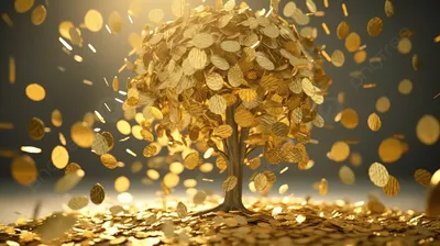 денежное дерево 3d рендеринг символ богатства и процветания с листьями  золотых монет каскадом в концепции инвестиций и сбережений, деньги растут,  денежное дерево, процветание фон картинки и Фото для бесплатной загрузки