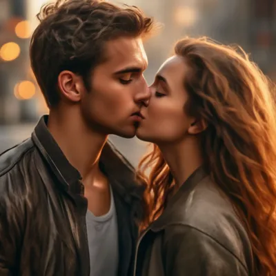 Девушка целует парня