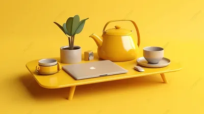 3d рендеринг рабочего стола с желтым ноутбуком, офисный рабочий стол,  столик для ноутбука, рабочий стол фон картинки и Фото для бесплатной  загрузки