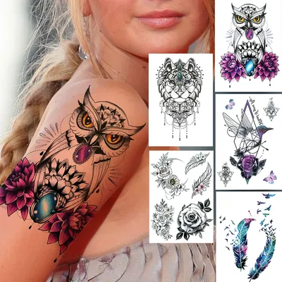 Умная наклейка для временных татуировок с совой, цветами, для женщин,  мужчин, взрослых, искусственные бриллианты, колибри, перья, татуировки,  черная птица, тату-паста | AliExpress