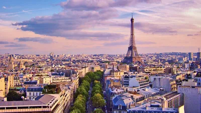 Обои для рабочего стола Париж Эйфелева башня Франция Вечер Сверху