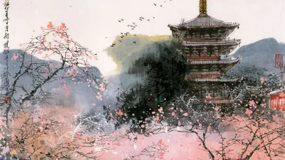Обои на рабочий стол Пейзаж с японской пагодой в окружении цветущей сакуры,  обои для рабочего стола, скачать обои, обои бесплатно