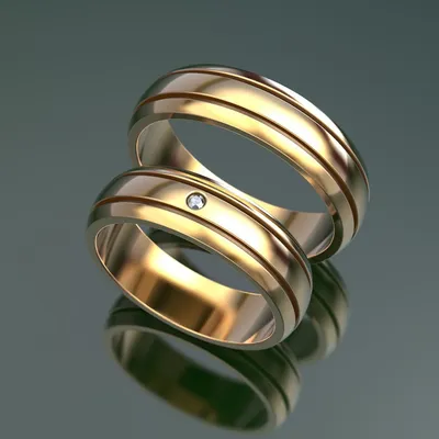 Парные свадебные кольца с гравированными линиями и бриллиантом на заказ из  белого и желтого золота, серебра, платины или своего металла