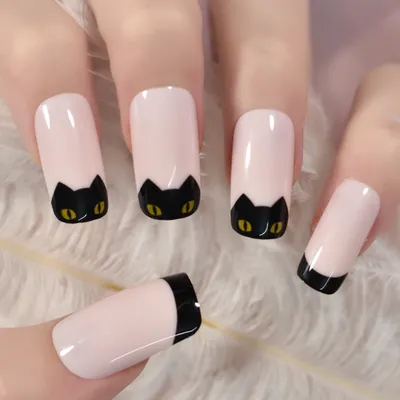 Розовый черный узор кошки для французского прессования ногтей средние  глянцевые накладные ногти для салона маникюра Многоразовые Накладные ногти  для самостоятельного маникюра | AliExpress