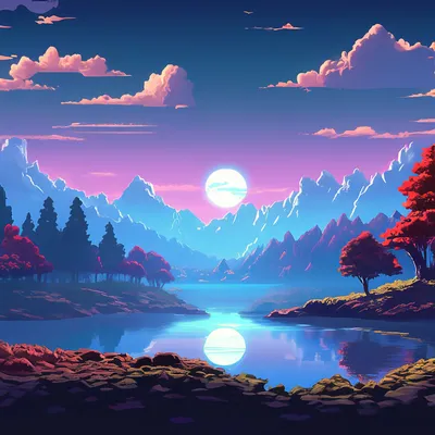 Красивый игровой пейзаж, пиксельная …» — создано в Шедевруме