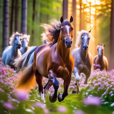 Красивые лошади с длинной пышной …» — создано в Шедевруме