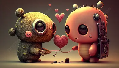 два маленьких робота держат сердце вместе, милые картинки любовь, любовь,  мило фон картинки и Фото для бесплатной загрузки