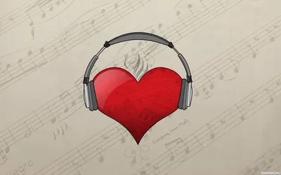 Сердце в наушниках на фоне нот, аватар для любителей музыки — Авы и картинки
