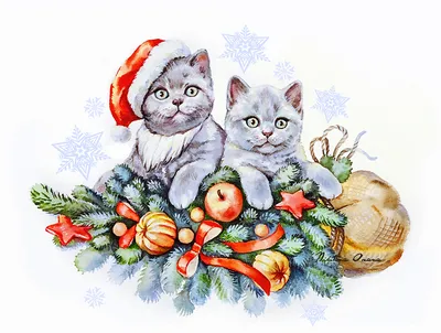 Иллюстрация Новогодний кот в стиле животные | Illustrators.ru