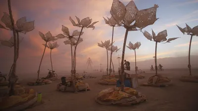 Обои на рабочий стол Фестиваль Burning Man в пустыне. Огромные цветы.  Песчаная буря, обои для рабочего стола, скачать обои, обои бесплатно