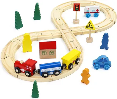 Железная дорога детская деревянная, 33 детали, развивающая железная дорога  с паровозом на магнитах, игрушечная для малышей - купить с доставкой по  выгодным ценам в интернет-магазине OZON (1277444237)
