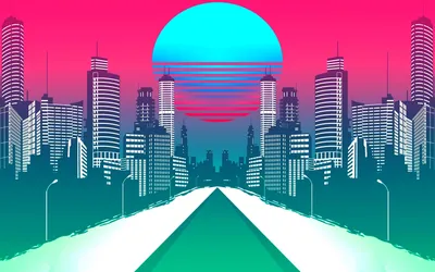 Cityscape, synthwave, retrowave city colorful background. 4k wallpaper with  pink and purple colors, neons, landscape, digital painting. Иллюстрация  Stock | Adobe Stock