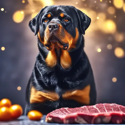 Собака ротвейлер смотрит на куски …» — создано в Шедевруме