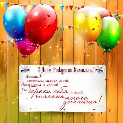 Камила! С днём рождения! Красивая открытка для Камилы! Открытка с цветными  воздушными шарами, ягодным тортом и букетом нежно-розовых роз.