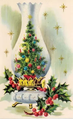 Счастливые дети украшают ёлку. Старинная рождественская открытка. -  Скачайте на Davno.ru