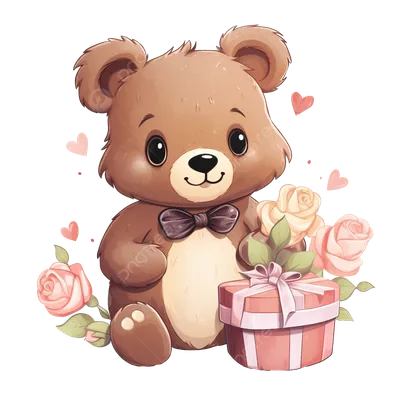 милый мишка с подарком и цветами PNG , коробка, подарок, медведь PNG  рисунок для бесплатной загрузки
