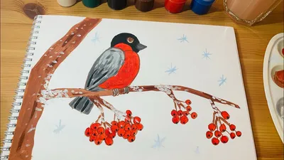 Принт постер картина с птицей Снегирь на ветке Цифровая живопись