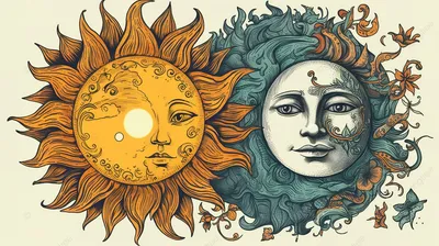 солнце и луна с длинным цветком нарисованным посередине, картина солнце и  луна, луна, солнце фон картинки и Фото для бесплатной загрузки