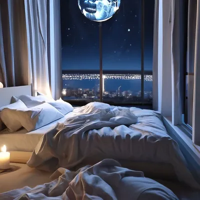 Реалистичное фото, спальня ночью без…» — создано в Шедевруме