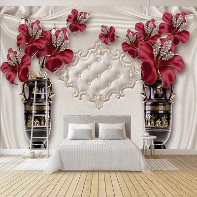 Купить 3D фото обои красивые стерео украшения красный цветок ТВ настенная  роспись гостиная спальня нетканая роспись водонепроницаемые обои | Joom