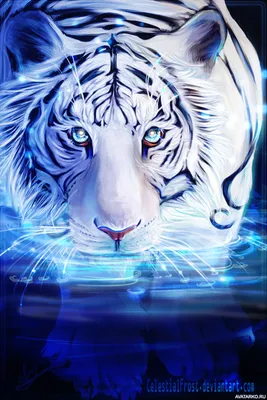 Белый тигр стоит в светящейся голубым цветом воде — Картинки для аватара