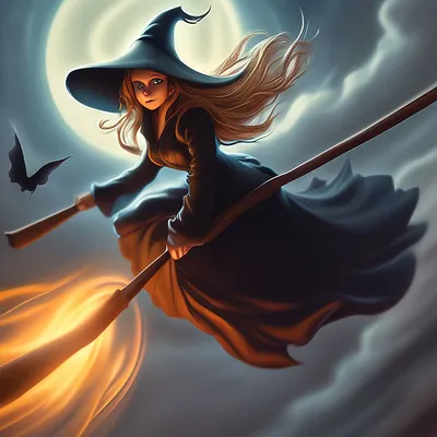 Ведьмочка на метле в стиле 2D, Персонажи на Illustrators.ru