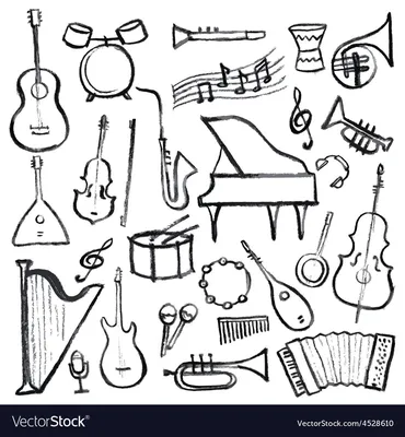 Набор детских игрушечных музыкальных инструментов, изолированных на белом  фоне. Барабан, ксилофон, дудочка и пианино. Stock Vector | Adobe Stock