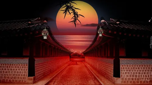 В Японском Стиле Обои на телефон коридор с красным освещением с пальмой и красной луной