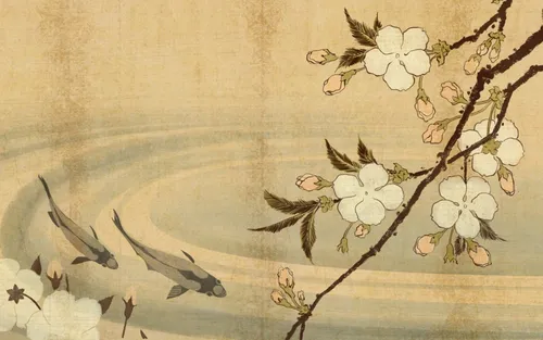 В Японском Стиле Обои на телефон картина с изображением рыб и цветов