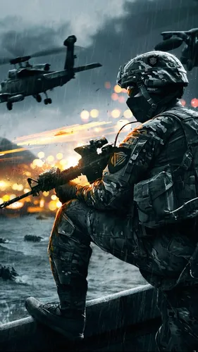 Военные Обои на телефон человек в шлеме и винтовке с вертолетом на заднем плане