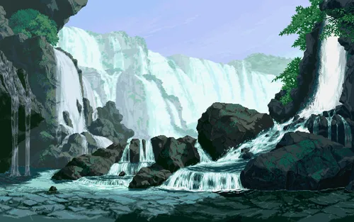 Пиксельные Обои на телефон водопад со скалами и деревьями