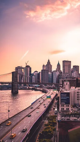 Нью Йорк Обои на телефон городской пейзаж с рекой и мостом
