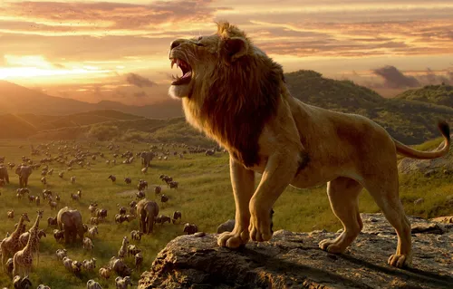 Король Лев Обои на телефон лев, стоящий на скале со стадом животных на заднем плане