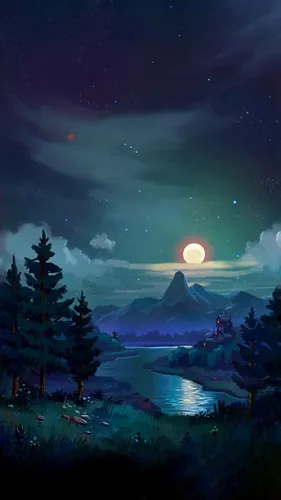 Ночь Обои на телефон гора с озером и деревьями перед ней