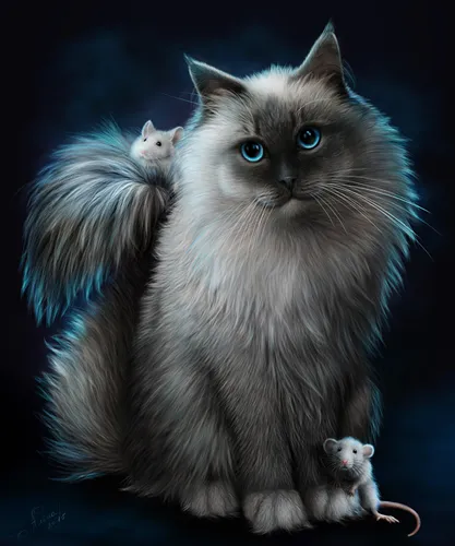 Рисованные Обои на телефон кошка с мышью на спине