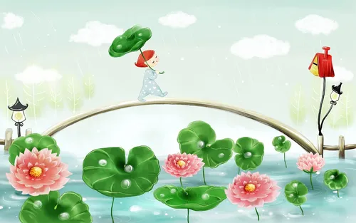 Рисованные Обои на телефон карикатура на пруд с лилиями и божьей коровкой