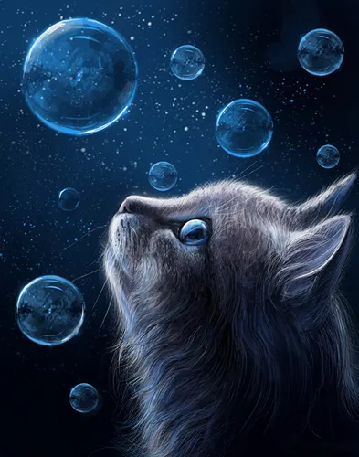 Рисованные Обои на телефон кошка смотрит на капли воды