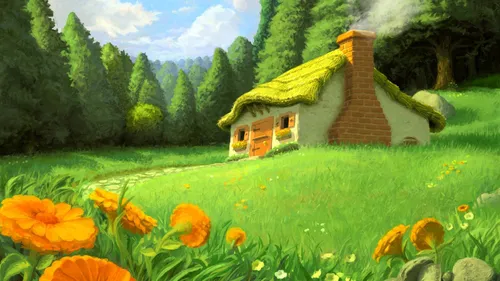 Рисованные Обои на телефон дом с травяным двором и деревьями сзади