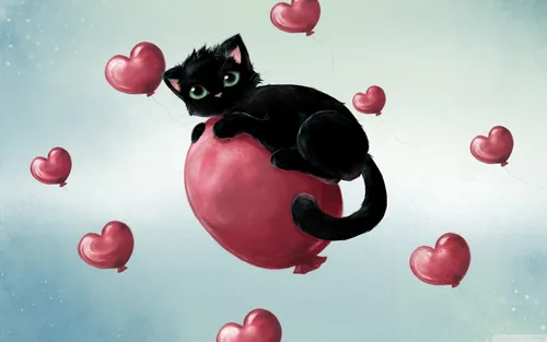 Рисованные Обои на телефон кот, плывущий в воздушном шаре