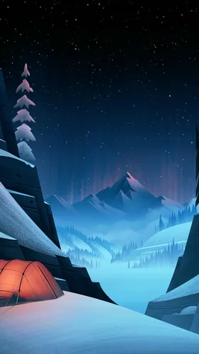 Рисованные Обои на телефон снежный горный хребет ночью