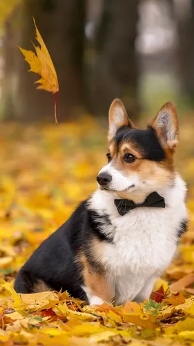 Корги Обои на телефон собака сидит в куче листьев