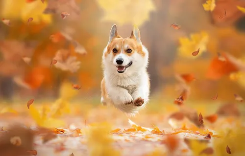 Корги Обои на телефон собака бежит по полю листьев