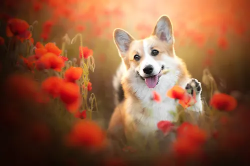 Корги Обои на телефон собака в цветочном поле