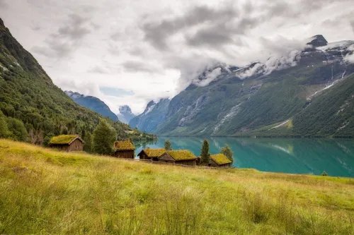 Норвегия Обои на телефон группа домов у озера