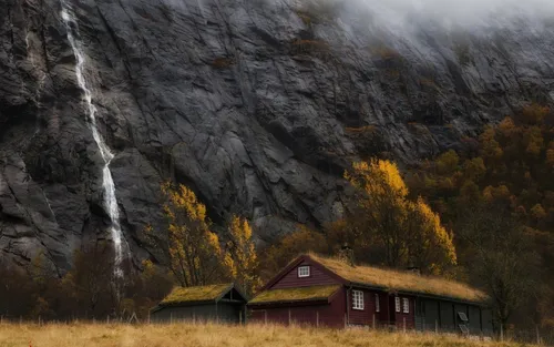 Норвегия Обои на телефон дом перед водопадом