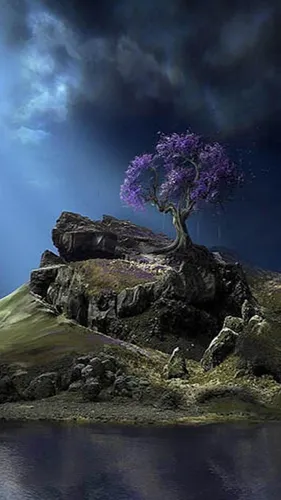 Аниме 720Х1280 Обои на телефон дерево с фиолетовыми цветами на скалистом холме у воды