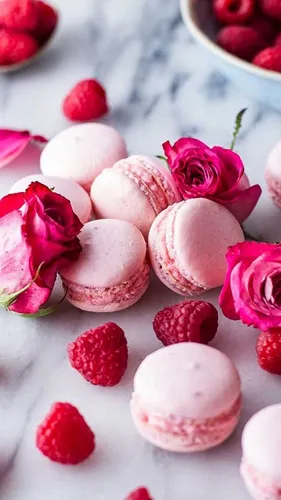 Макаруны Обои на телефон группа розовых и белых десертов с клубникой сверху