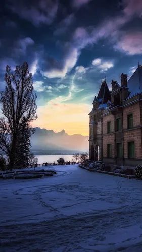 Швейцария Обои на телефон здание со снежным двором